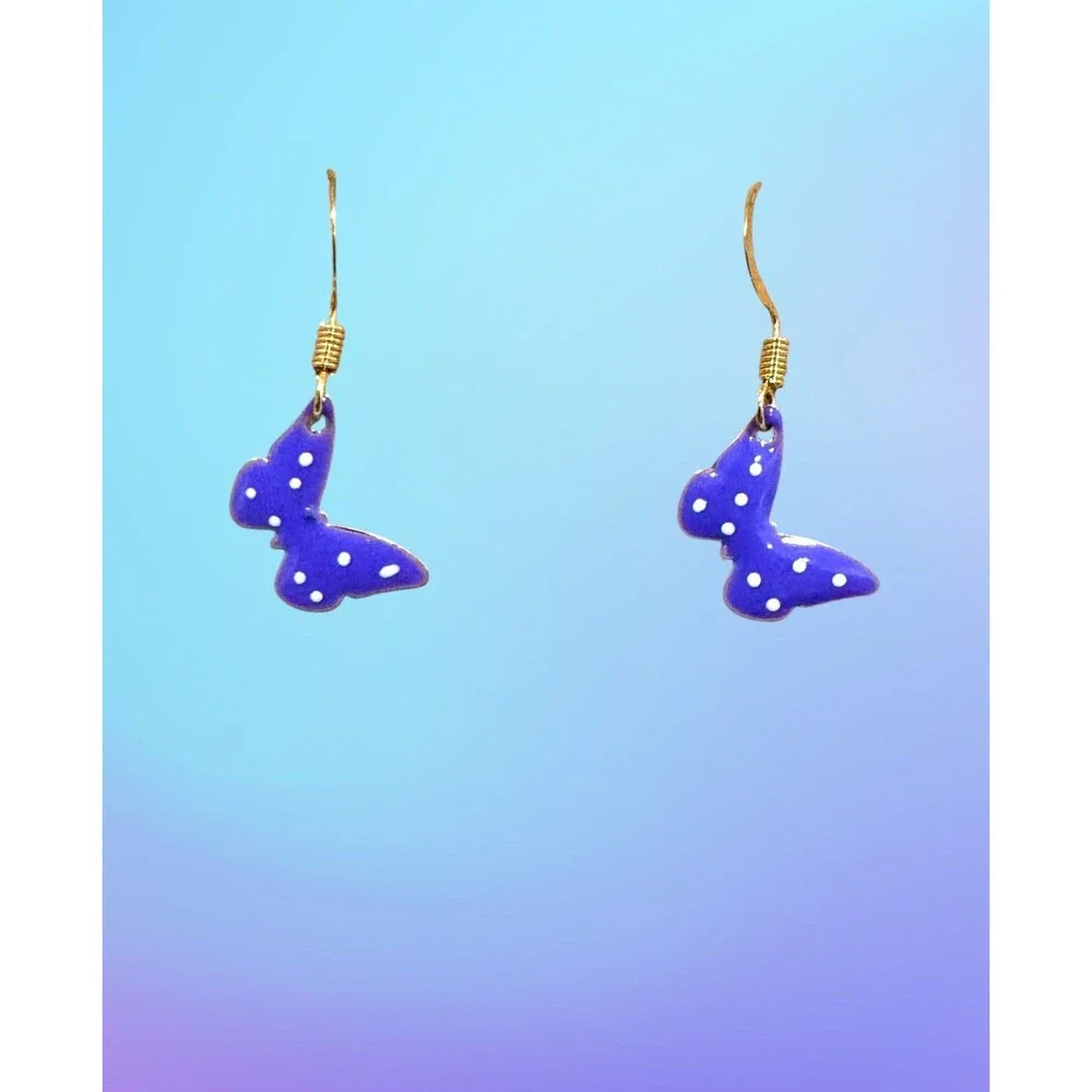 Enamel Purple Polk a Dot Butterfly Charm 10kt Gold Earrings #2230